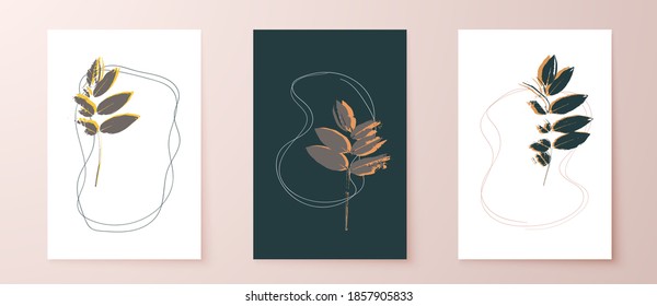 Grunge leaves postcard set. Abstract foliage for cards, covers, wall art or posters. Pastel colors backgrounds. Sophora tree leaf. Sophora japonica foliage.