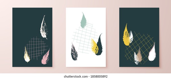 Grunge leaves postcard set. Abstract foliage for cards, covers, wall art or posters. Pastel colors backgrounds. Kerria japonica pleniflora leaf.