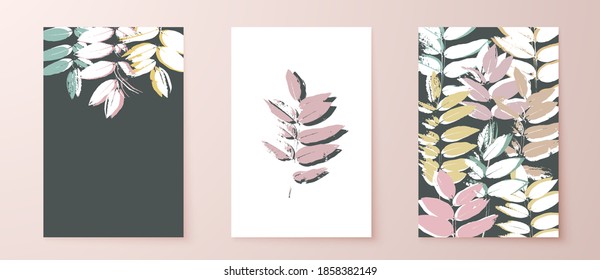 Grunge leaves postcard set. Abstract foliage for cards, covers, wall art or posters. Pastel colors backgrounds. Sophora tree leaf. Sophora japonica foliage.