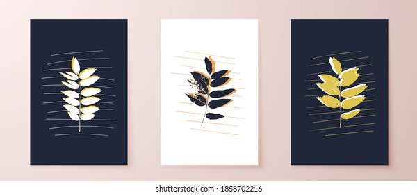 Grunge leaves postcard set. Abstract foliage for cards, covers, wall art or posters. Pastel colors backgrounds. Sophora tree leaf. Sophora japonica foliage.