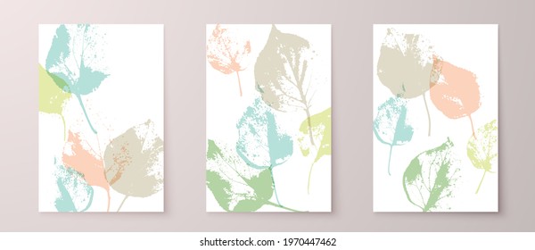Grunge leaves postcard set. Abstract foliage for cards, covers, wall art or posters. Pastel colors backgrounds. Apricot tree leaf. Apricot foliage.