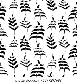 Grunge Leaves seamless pattern with hand drawn grass leaves. Ornament for printing on fabric, cover and packaging. Simple black and white vector ornament isolated on white background