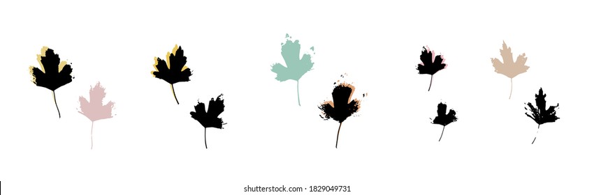 Grunge leaves set. Abstract foliage. Autumn leaves pastel colors collection. Black currant bush leaf. Currant berry branch.