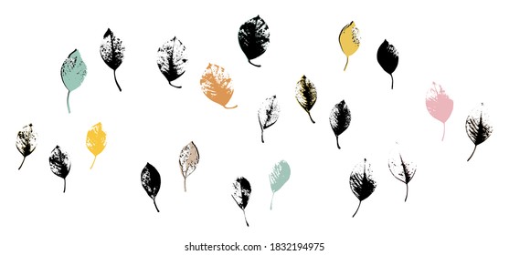 Grunge leaves set. Abstract foliage. Autumn leaves pastel colors collection. Cherry tree leaf. Cherry foliage.