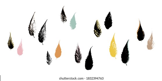 Grunge leaves set. Abstract foliage. Autumn leaves pastel colors collection. Kerria japonica pleniflora leaf.