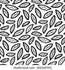 Grunge leaves with veins vector seamless pattern. Hand drawn black ink foliage with rough edges. Olive or basil leaves, monochrome modern ornament. Black ink texture with foliage. 