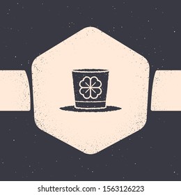 Grunge Leprechaun hat and four leaf clover icon isolated on grey background. Happy Saint Patricks day. Monochrome vintage drawing. Vector Illustration