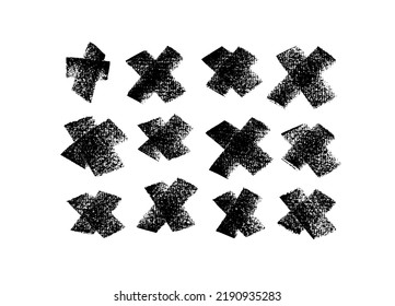 Grunge letter X drawn in charcoal. Hand drawn X mark set. Vector black dry geometric elements. Collection of hand painted cross marks isolated on white background. Cross sign graphic symbol
