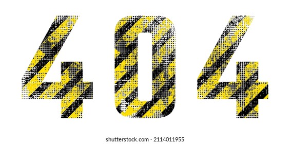 Grunge lettering 404, website loading error, flat style vector illustration design isolated on white. Old texture with black and yellow stripes.