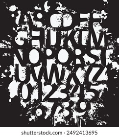 grunge lettering in abstract letters with spots and drips. Vector set of alphabet letters written in black paint on a light background. Spattered font