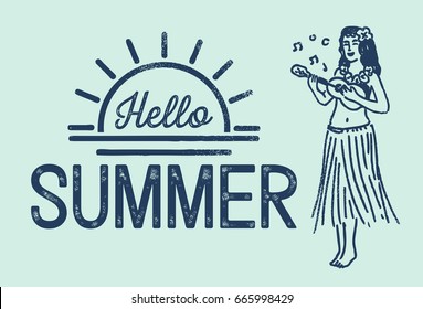 Grunge Lettering Hello Summer With A Hula Girl Playing Ukulele, Vector