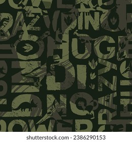 Grunge Schriftzeichen nahtlos Muster mit Dino. Dinosaurier wiederholen den Druck auf typografischem brüchigem Hintergrund. T rex Ornament für Sporttextilien, Junge Kleidung. Camouflage-Militär-Bildschirmhintergrund