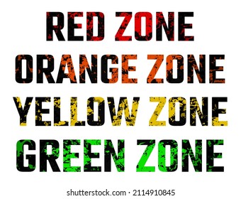 Grunge lettering set, color designation early zones, design flat style vector illustration, isolated on white. Peeled old paint, striped paint warning danger