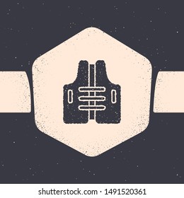Grunge Life jacket icon isolated on grey background. Life vest icon. Extreme sport. Sport equipment. Monochrome vintage drawing. Vector Illustration