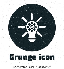Grunge Light bulb with gear inside and dollar symbol icon isolated on white background. Fintech innovation concept.  Vector Illustration