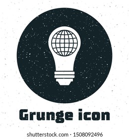 Grunge Light bulb with inside world globe icon isolated on white background. Planet Earth on the lamp. Global ecology concept.  Vector Illustration