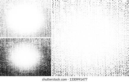 Grunge light halftone texture collection. Crumpled burlap border set. Canvas grunge effect. Frame textile background using halftone circle dots pattern. Vector  illustration