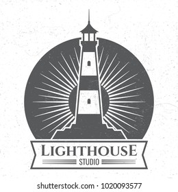 Grunge lighthous silhouette logo or label isolated on white background. Vector illustration