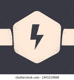 Grunge Lightning bolt icon isolated on grey background. Flash sign. Charge flash icon. Thunder bolt. Lighting strike. Monochrome vintage drawing. Vector Illustration