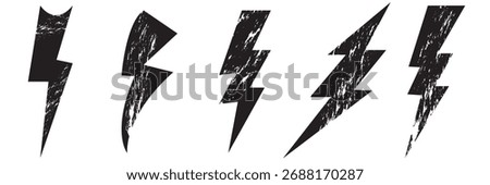 Grunge lightning bolt icon. Set of distressed lightning bolt symbols with rough texture, ideal for energy, electricity, power, punk, and graphic design themes.