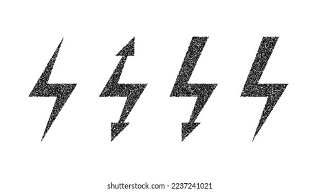 Grunge lightning bolt set. Black noise texture thunderbolt collection. Stipple flash symbols. Dotted grain lightning strike signs. Vector