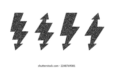 Grunge lightning bolt set. Black noise texture thunderbolt collection. Stipple flash symbols. Dotted grain lightning strike signs. Vector