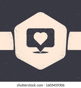 Grunge Like and heart icon isolated on grey background. Counter Notification Icon. Follower Insta. Monochrome vintage drawing. Vector Illustration
