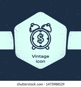 Grunge line Alarm clock with dollar symbol icon isolated on blue background. Time is money. Effective time management. Business concept. Monochrome vintage drawing. Vector Illustration