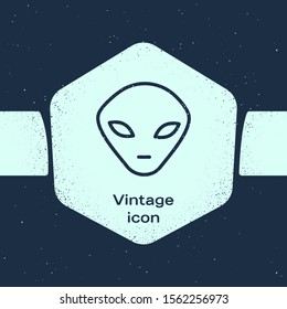 Grunge line Alien icon isolated on blue background. Extraterrestrial alien face or head symbol. Monochrome vintage drawing. Vector Illustration