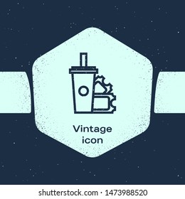 Grunge line American Football ticket and paper glass soda with drinking straw icon isolated on blue background. Monochrome vintage drawing. Vector Illustration