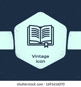 Grunge line Ancient magic book with alchemy recipes and mystic spells and enchantments icon isolated on blue background. Monochrome vintage drawing. Vector Illustration