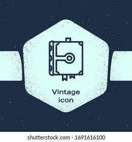 Grunge line Ancient magic book with alchemy recipes and mystic spells and enchantments icon isolated on blue background. Monochrome vintage drawing. Vector Illustration