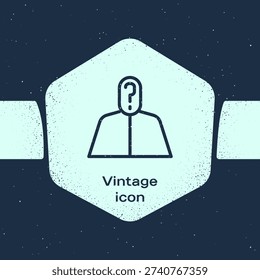 Grunge line Anonymous man with question mark icon isolated on blue background. Unknown user, incognito profile, business secrecy, obscurity. Monochrome vintage drawing. Vector Illustration