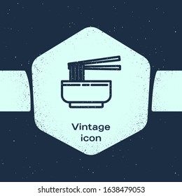 Grunge line Asian noodles in bowl and chopsticks icon isolated on blue background. Street fast food. Korean, Japanese, Chinese food. Monochrome vintage drawing. Vector Illustration