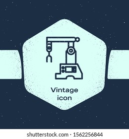 Grunge Line Assembly Line Icon Isolated On Blue Background. Automatic Production Conveyor. Robotic Industry Concept. Monochrome Vintage Drawing. Vector Illustration
