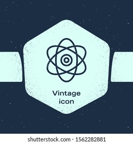 Grunge line Atom icon isolated on blue background. Symbol of science, education, nuclear physics, scientific research. Electrons and protons sign. Monochrome vintage drawing. Vector Illustration