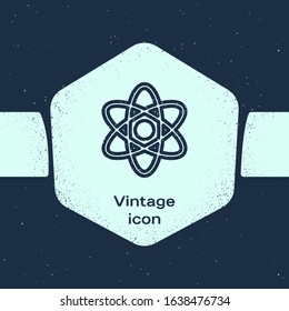 Grunge line Atom icon isolated on blue background. Symbol of science, education, nuclear physics, scientific research. Monochrome vintage drawing. Vector Illustration