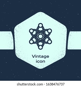 Grunge line Atom icon isolated on blue background. Symbol of science, education, nuclear physics, scientific research. Monochrome vintage drawing. Vector Illustration
