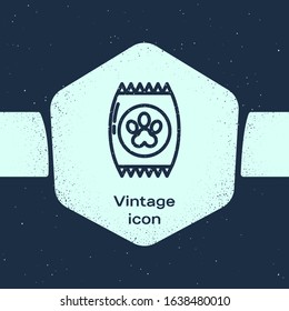 Grunge line Bag of food for pet icon isolated on blue background. Food for animals. Pet food package. Dog or cat paw print. Monochrome vintage drawing. Vector Illustration