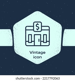 Grunge Line Bank Building Icon Isolated On Blue Background. Monochrome Vintage Drawing. Vector