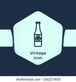 Grunge line Beer bottle with four leaf clover icon isolated on blue background. Happy Saint Patricks day. Monochrome vintage drawing. Vector Illustration