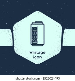 Grunge line Beer can icon isolated on blue background. Monochrome vintage drawing. Vector Illustration