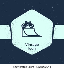 Grunge line Bicycle on street ramp icon isolated on blue background. Skate park. Extreme sport. Sport equipment. Monochrome vintage drawing. Vector Illustration