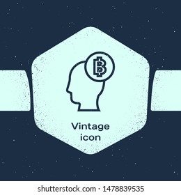 Grunge line Bitcoin think icon isolated on blue background. Cryptocurrency head. Blockchain technology, digital money market, cryptocoin wallet. Monochrome vintage drawing. Vector Illustration