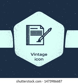 Grunge line Blank notebook and pen icon isolated on blue background. Paper and pen. Monochrome vintage drawing. Vector Illustration