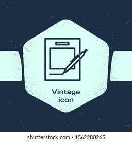 Grunge line Blank notebook and pen icon isolated on blue background. Paper and pen. Monochrome vintage drawing. Vector Illustration