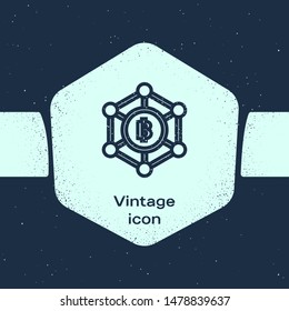 Grunge line Blockchain technology Bitcoin icon isolated on blue background. Abstract geometric block chain network technology business. Monochrome vintage drawing. Vector Illustration