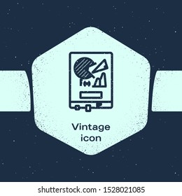 Grunge line Board with graph chart icon isolated on blue background. Report text file icon. Accounting sign. Audit, analysis, planning. Monochrome vintage drawing. Vector Illustration