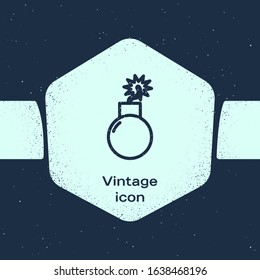 Grunge line Bomb ready to explode icon isolated on blue background. Monochrome vintage drawing. Vector Illustration