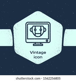 Grunge line Bot icon isolated on blue background. Computer monitor and robot icon. Monochrome vintage drawing. Vector Illustration